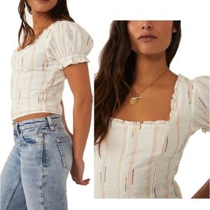Free People Serotonin Corset Top White Puff Sleeve Top Colorful Rainbow Stitches